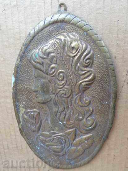 Auction  Old brass panel, painting, plaque, bas-relief
