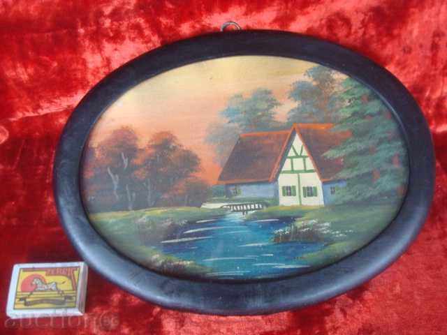 Картина стара масло"Дача мечта" стъкло в дърв.рамка 29х21см.