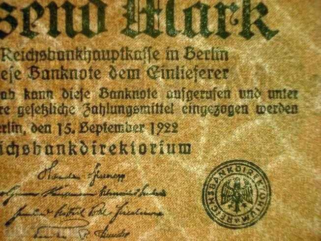 (¯` '• .¸GERMANY 1000 stamps 15.09.1922 UNC¸. •' ´¯) with price 7.00 BGN | € 3.58