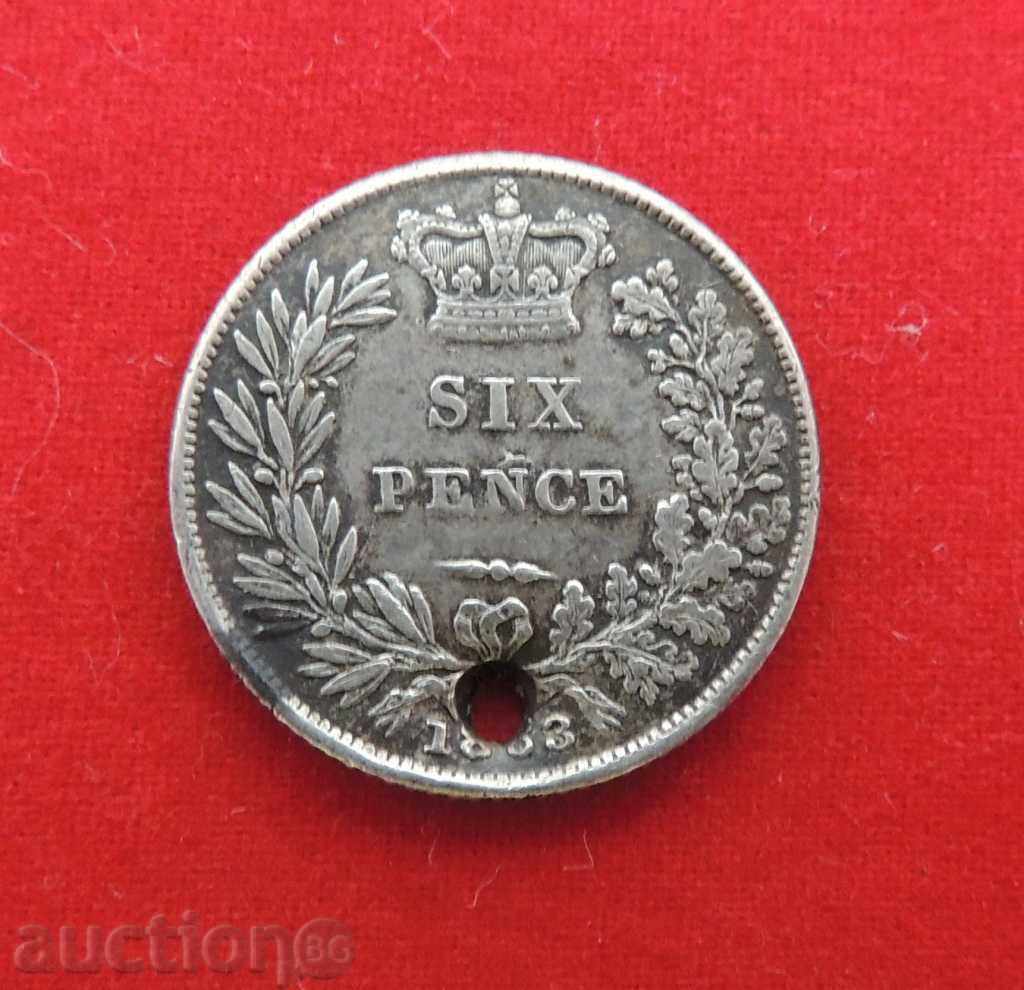 6 пенса Великобритания 1863 г. сребро