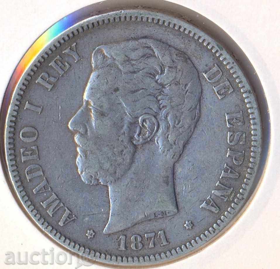 Spania 5 Pesetas 1871, monede de argint, 25 de grame Amadeo I