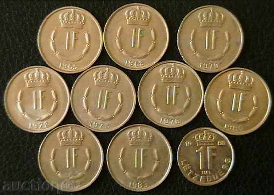 Lot 10 monede de 1 franc, Luxemburg