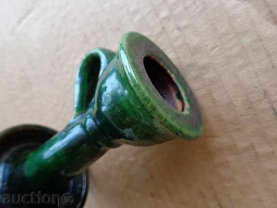 Стар керамичен свещник със зелена гленч - 5 Стар керамичен свещник със зелена гленч - 5