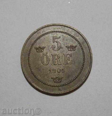 Швеция 5 оре 1905 прекрасна монета XF