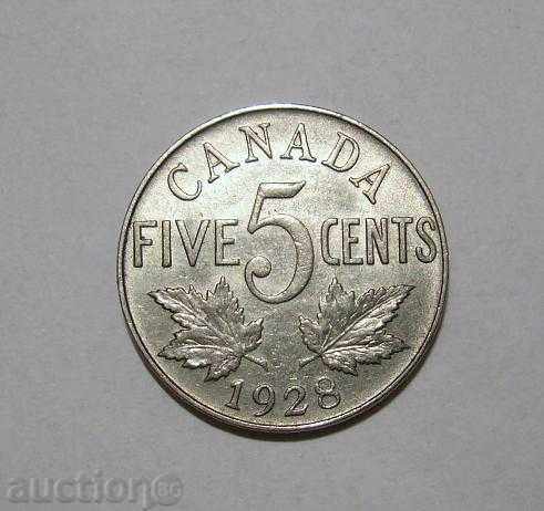 Канада 5 цента 1928 отлична монета