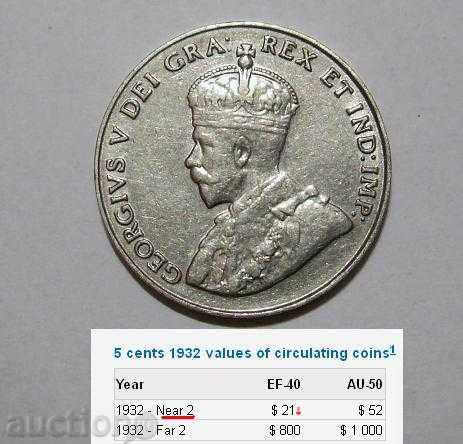 Καναδάς 5 σεντ το 1932 αρκετά κατοχυρωμένα με τιμή 18.00 BGN | € 9.20 Καναδάς 5 σεντ το 1932 αρκετά κατοχυρωμένα με τιμή 18.00 BGN | € 9.20