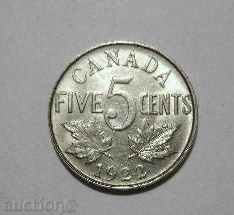 Canada 5 cenți 1922 frumos luciu de monede