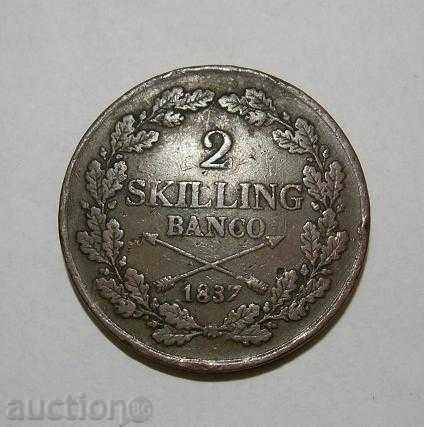 Suedia 2 Skilling 1837 VF mare de monede rare