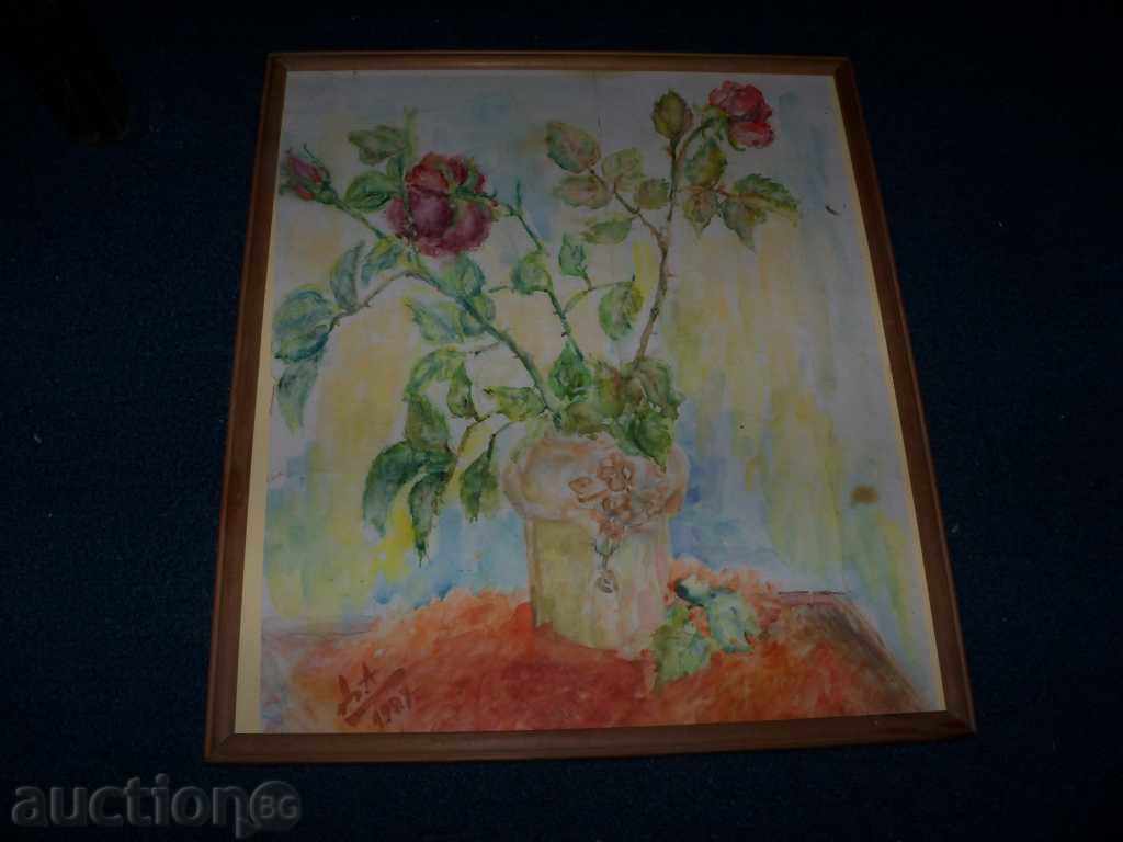 «Roses» - ένα όμορφο παλιό ακουαρέλα του 1989. - 5