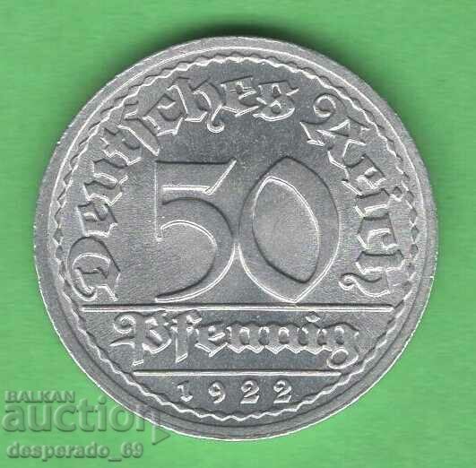 (¯`'•.¸ 50 Pfennig 1922J GERMANIA UNC- ¸.•'´¯)