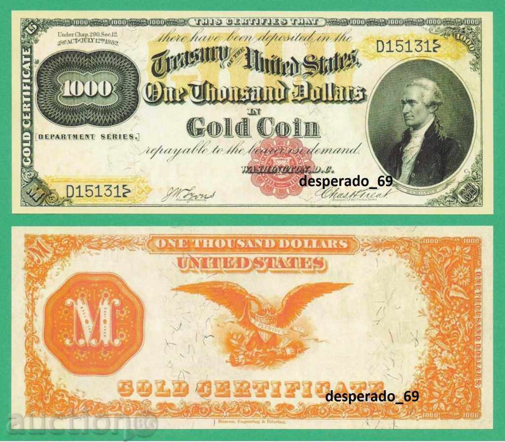 (¯` '• .¸ (reproducere) 1000 USD „aur” 1882 UNC’´¯)