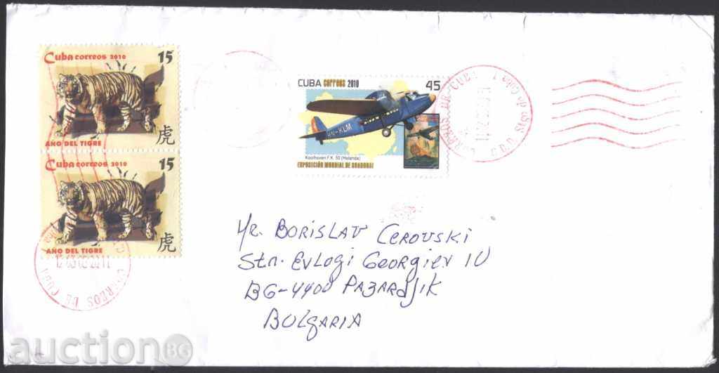 Пътувал плик с марки Самолет, Година на Тигъра 2010 от Куба