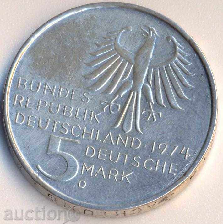 Germania 5 mărci 1972 de argint, 11 g, Kant cu preț 22.00 BGN | € 11.25