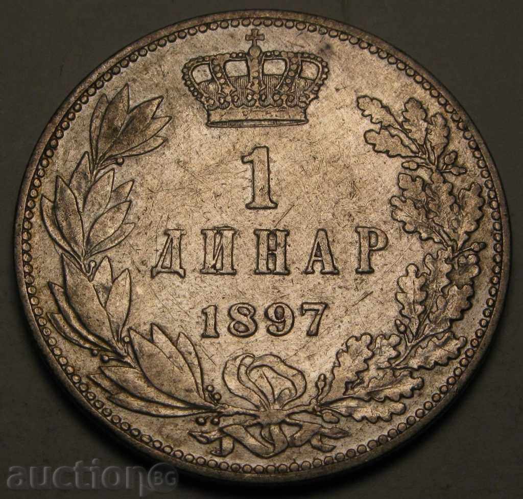 SERBIA 1 dinar 1897 - argint - Alexander I. - VF -Ryadka