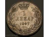 SERBIA 1 Dinar 1897 - Silver - Alexander I. - VF - Righteous
