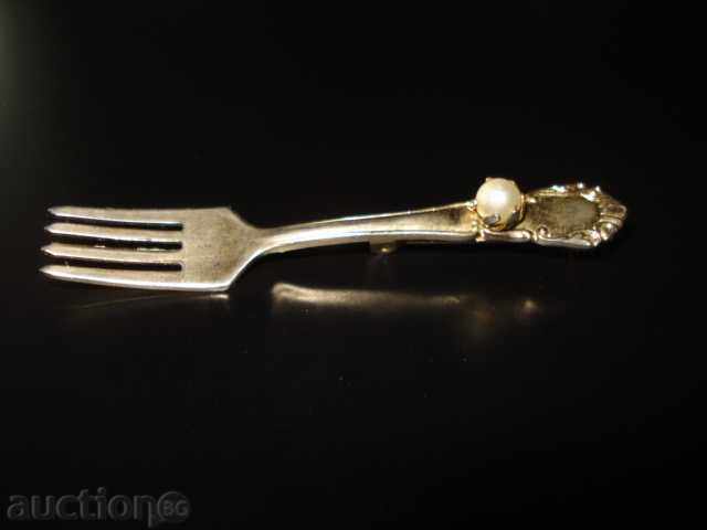 OLD SILVER GOLDEN NEEDLE BROOCH FORK PEARL UNIQUE