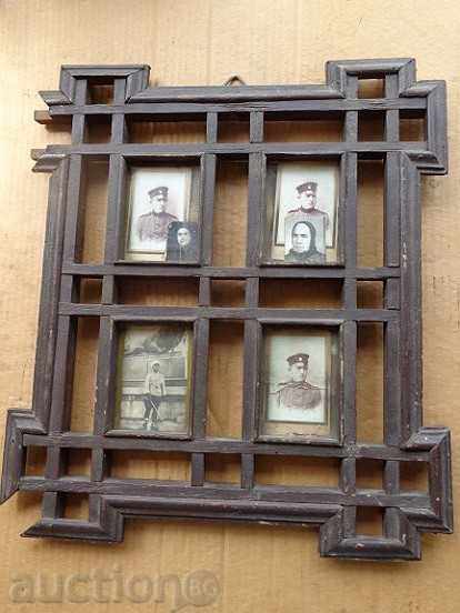 Old portrait in frame with soldiers, shepherd carving, photo