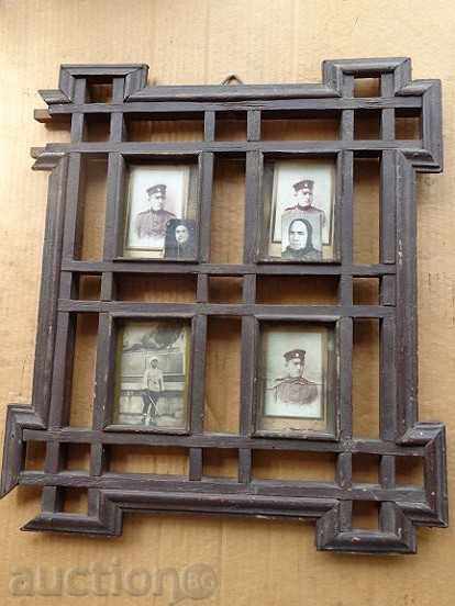 Old framed portrait with soldiers, shepherd woodcarving, photo