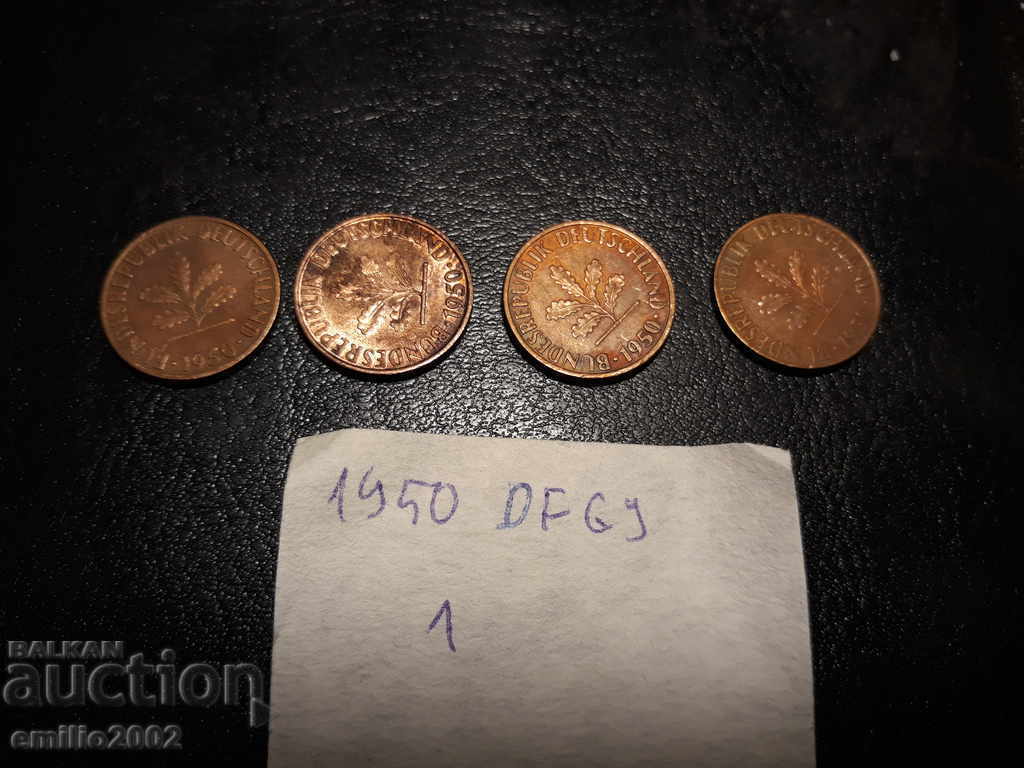 1 pfening lot 4pcs 1950 DFGJ BDR - GFR - Germany with price 1.99 BGN | € 1.02 1 pfening lot 4pcs 1950 DFGJ BDR - GFR - Germany with price 1.99 BGN | € 1.02