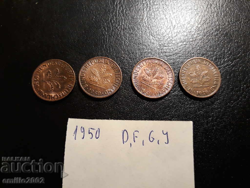 1 pfening lot 4pcs 1950 DFGJ BDR - GFR - Germany with price 1.99 BGN | € 1.02 1 pfening lot 4pcs 1950 DFGJ BDR - GFR - Germany with price 1.99 BGN | € 1.02