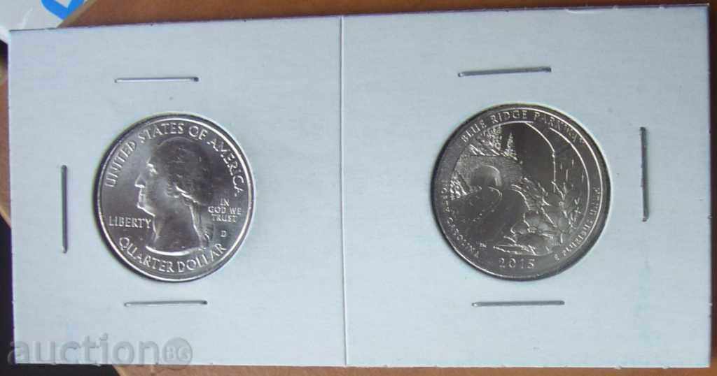 USA Beautiful America 1/4 USD 2015 Blue Ridge Parkway D & P with price 5.60 BGN | € 2.86 USA Beautiful America 1/4 USD 2015 Blue Ridge Parkway D & P with price 5.60 BGN | € 2.86
