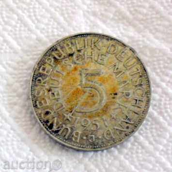 5 MARK BUNDES REPUBLIK DEUSCHLAND 1951 - J with price 9333.99 BGN | € 4772.39