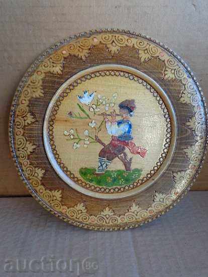 Old wooden pyrograph wall plate, Bulgaria