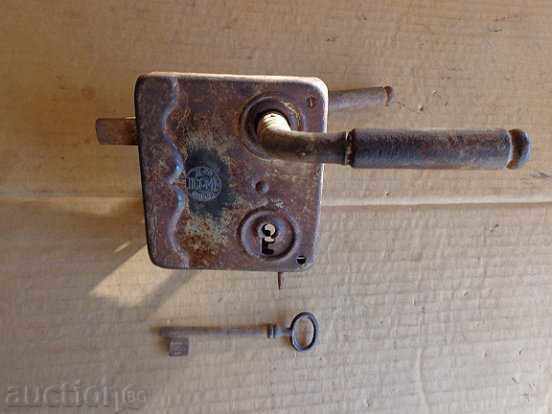Old lock with key, latch, early 20th century. Kingdom of Bulgaria