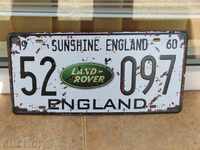 Metal plate number Land Rover Land Rover England car jeep