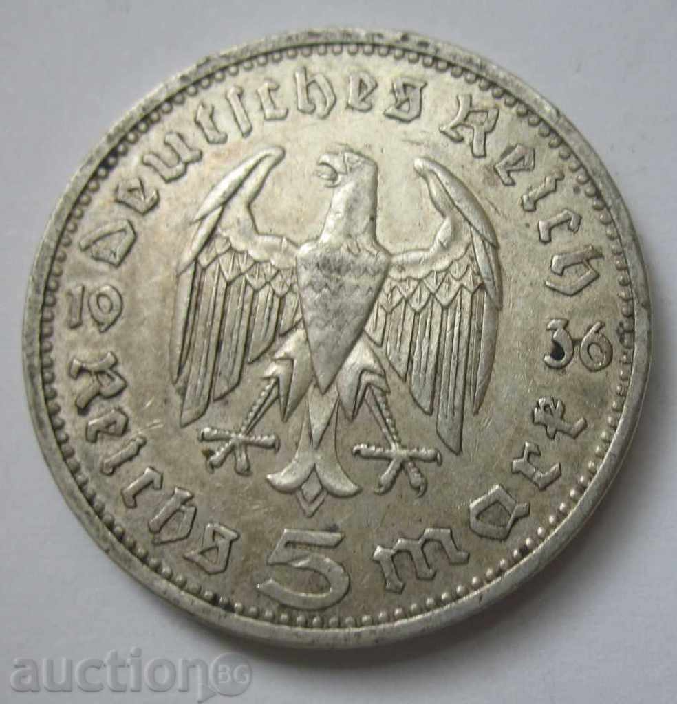 Ασημένιο 5 Marks Γερμανία 1936 Ασημένιο νόμισμα A III Reich #62 με τιμή € 16.87 | 32.99 BGN