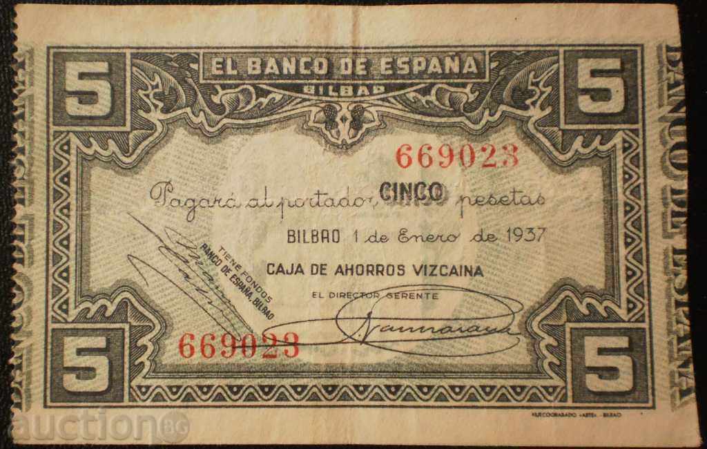 SPAIN - BILBAO 5 PESETS -1937g -VF-RARE