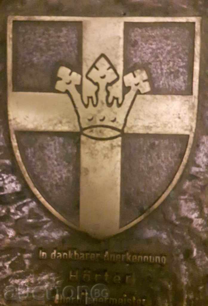 Auction  Embossed massive heavy /2.47 kg./ brass panel with coat of arms