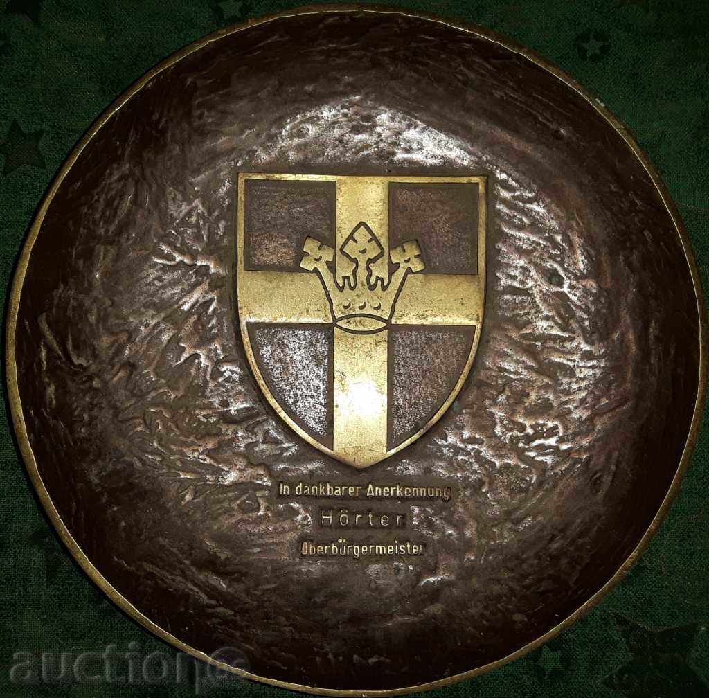 Embossed massive heavy /2.47 kg./ brass panel with coat of arms