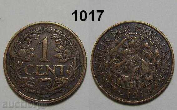 Холандия 1 цент 1919 XF рядка монета