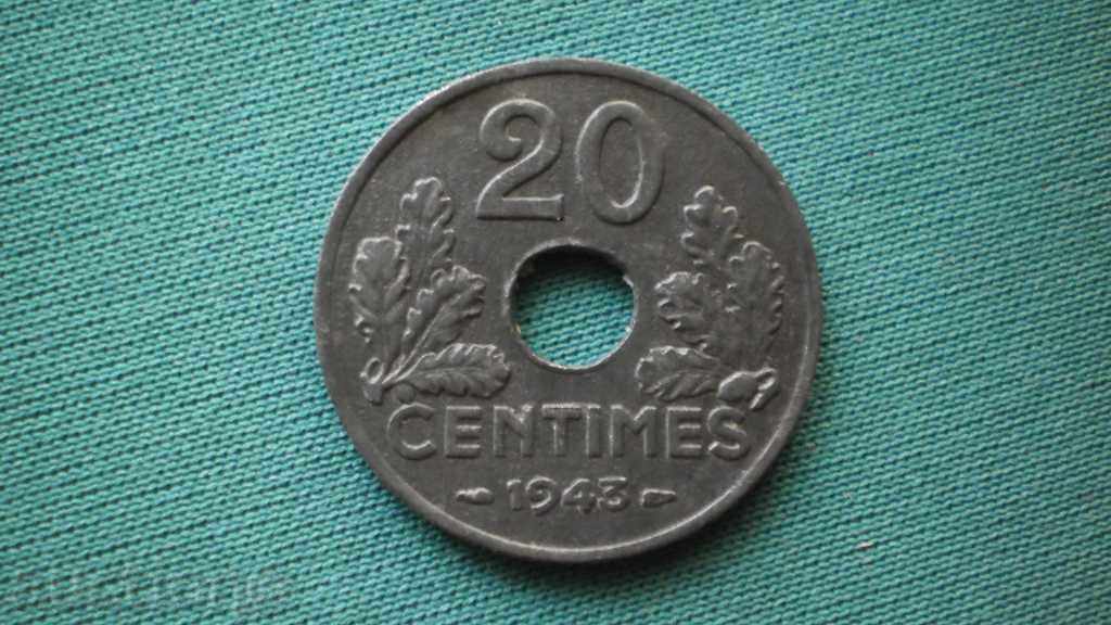 20 centime 1943 de ocupație - Germania - Franța - rar