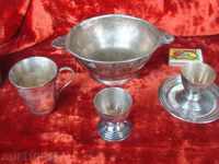 3 Old vessels, small, white metal, silver plated, with inscriptions.