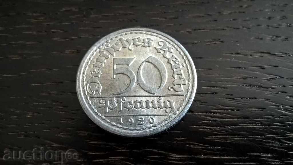 Райх монета - Германия - 50 пфенига | 1920г.; серия F