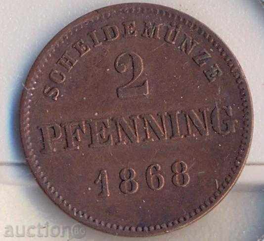 Μπάγερν Μπάγερν 2 εκατοστά του μάρκου το 1868, η κυκλοφορία 208 χιλιάδες. με τιμή 22.50 BGN | € 11.50