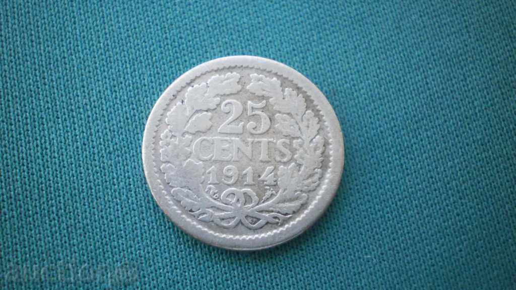 Netherlands 25 Cents 1914 Silver Rare