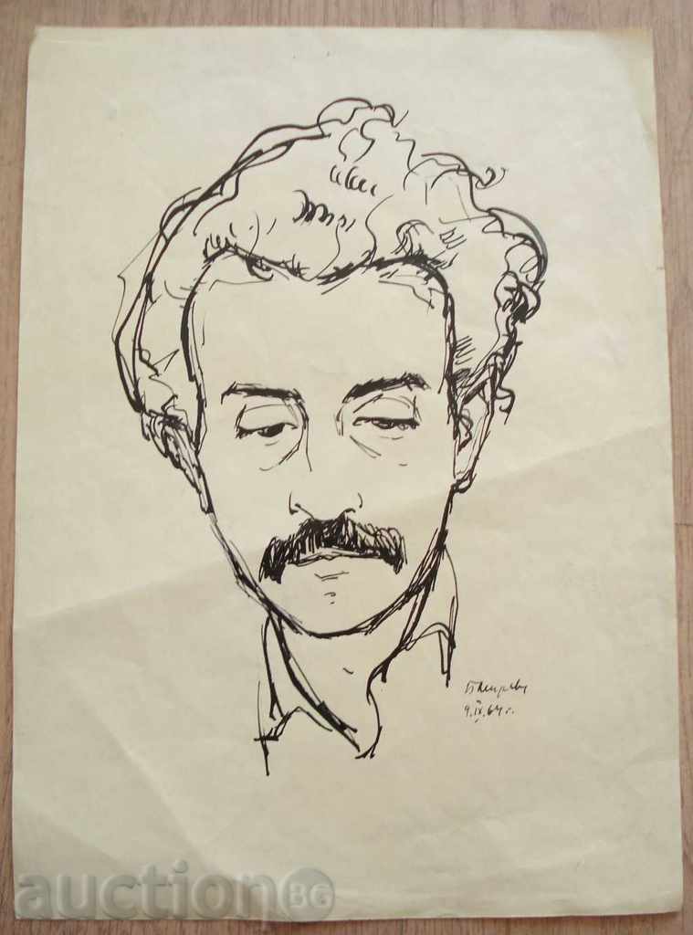 494 B.Mirev desen un portret al lui Nikolai Țonev 1964. P21 / 29 cm