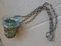 Старо домашно бронзово кандило с чашка от стъкло