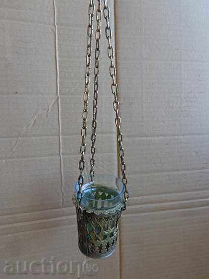 Старо домашно бронзово кандило с чашка от стъкло