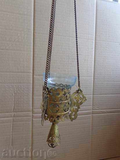 Старо домашно руско бронзово кандило с чашка от стъкло
