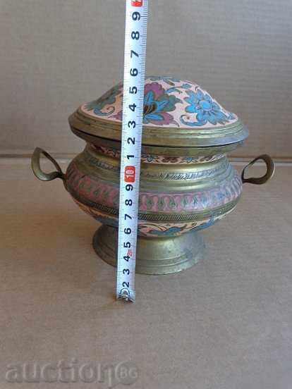 Auction Brass vessel with enamel bowl urn antique interior item Auction Brass vessel with enamel bowl urn antique interior item