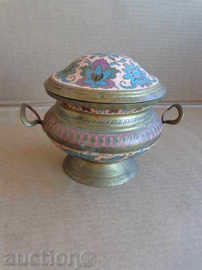 Brass vessel with enamel bowl urn antique interior item