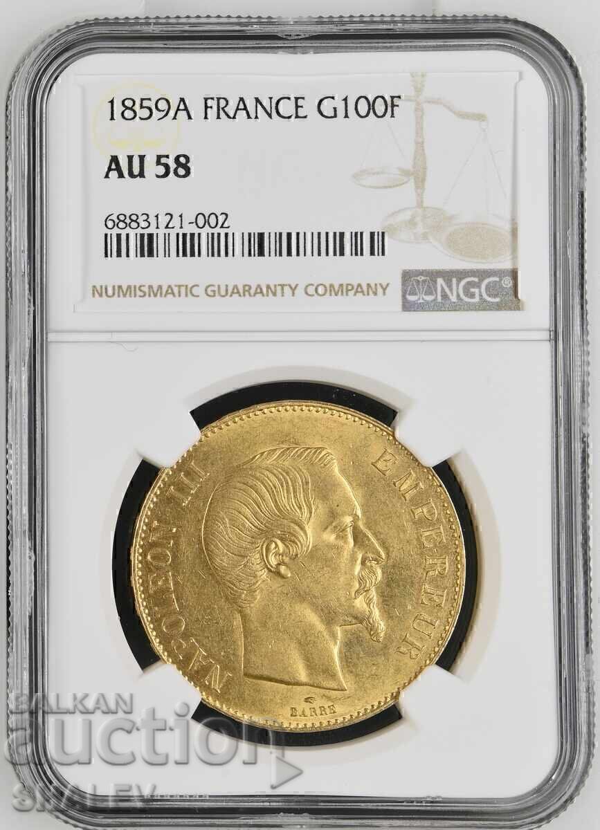 100 franci 1859 A Franța (100 franci Franța) - AU58 (aur)