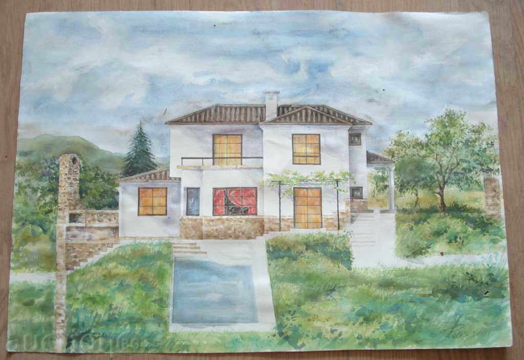 782 Rossi village villa watercolor signed 2006г. P.50 / 36cm