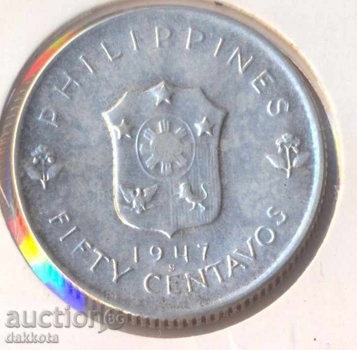 Filipine 50 centavos 1947, argint, 10 g, 200 mii. Buc.