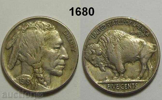 САЩ 5 цента 1918 XF+/AU Buffalo nickel coin USA
