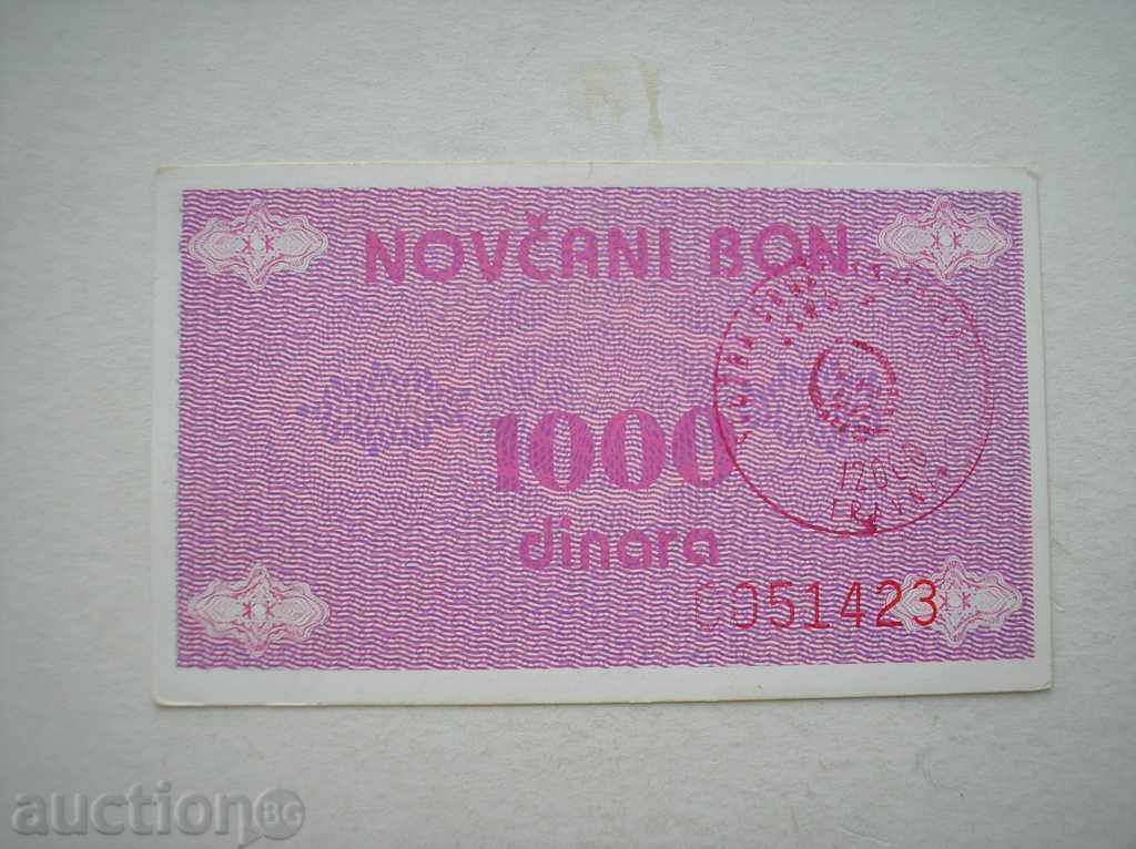 Bosnia and Herzegovina - Travnik 1 000 dinars 1992 UNC